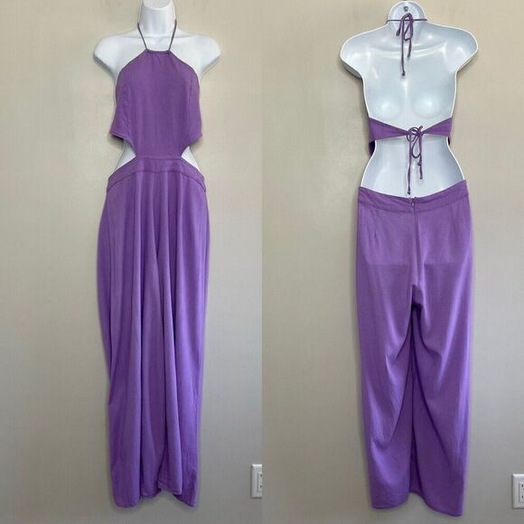 LOUNA Jumpsuit Womens Large L Lavender Backless Wide Leg Linen Blend Strappy - Picture 2 of 11